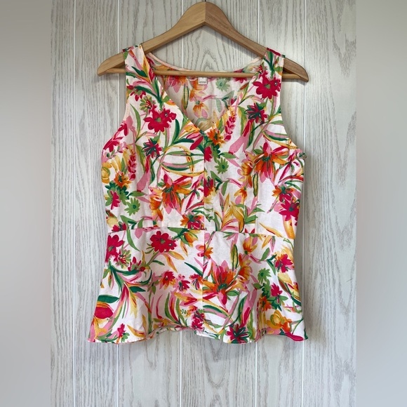 J. Crew Tops - J Crew Printed Linen Cotton Peplum Tank Top Blouse Size 8 Pink Green Floral EUC